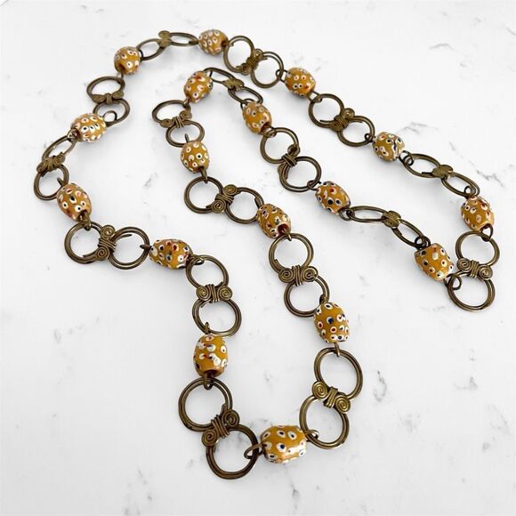 Artisan Jewelry - African Trade Bead Krobo Bead Decorative Brass Chain Necklace